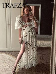 Work Dresses TRAFZA Elegant Female 2 Piece Skirt Set 2024 Polka Dots Printed High Waist Slit Short Sleeves Square Neck Cropped Tops