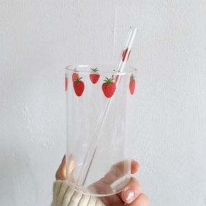 Vinglas 1 st 300 ml 10oz kreativa värmebeständiga transparent jordgubbar söt glas kopp med halm till frukostmjölk