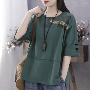 Women's T Shirts Women Loose Casual Large Size Patchwork Tops Female Cotton Artistic Summer Hollow Out Animal Pattern T-shirts Letter Print