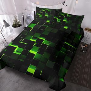 Sängkläder sätter abstrakt täcke täcke set geometrisk stil 3 datorer grön svart digital dimensionell fyrkantig kuber
