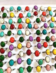 Bulk lots 100pcs lot Color Mixed Retro Bronze Turquoise Stone Ring Women039s Natural Stone Sizes Adjusted Ring Girls Accessorie6915121