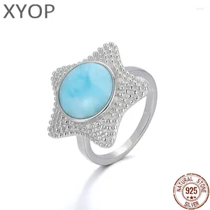 Klaster Pierścienie 925 Sterling Silver Natural Stones Kamienia Larimar Big Pierścień Retro Design Klasyczna rozgwiazda biżuterii dla kobiet randki