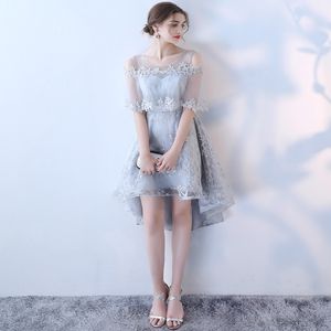 Elegant silver höga låga graderingsklänningar 2020 billiga applique spetsar med sjal prom klänningar sexiga festklänningar hemkommande klänning anpassad ma 2149