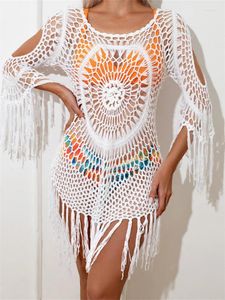 Doury Women Crochet Swimsuit Bikini Cover Ups Knitted Hollow Out Tassel Short Sleeve Mini Dress Summer Beachwear