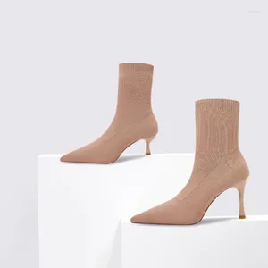 Boots 2024 Net Red Nude Thin Women High Heels Short Knitted Spring And Autumn Single Pointed Socks Boot Th