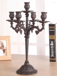 Candle Holders Antique Rustic Gold Cast Iron Holder With Five Branches Bases European Home Tabletop Decor Large Standing