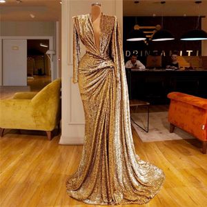 Bling Sequined Gold Mermaid Evening Dress Full Sleeves Prom Dresses Deep V Neck Pleats robe de soiree Dubai African Party Wear 190S