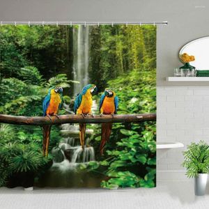 Cortinas de chuveiro Jungle tropical Parrot cenário cenário cenário de palmeira árvore oceânica areny praia paisagem decoração de banheiro cortina de pano