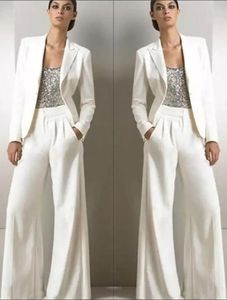 Vita långa ärmar sequined Formal Party Mother of the Bride Pant Suits With Jacket Three Pieces