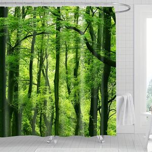 シャワーカーテン1/4PCSフォレストカーテンセット3Dプリンティングバスグリーントロピカル植物湖パターンポリエステルフック