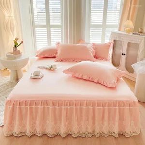 Gonna da letto seta blu rosa Singotta singolo Letting Scacciato in pizzo non slip con tela di colore solido cinturino