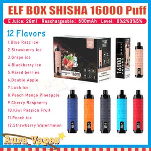 Elf Box Shisha 16000 Puff descartável 28ml Preenchimento de malha preenchida bobina de malha de vagem 16k e cigarro recarregável 0% 2% 3% 5% VAPE PEN