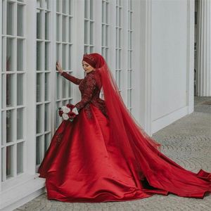 Luxury Red Dubai Arabic Muslim Plus Size Ball Gown Wedding Dresses Long Sleeves Beads Lace Appliqued Wedding Bridal Gowns Robe de marie 278W