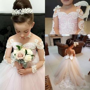 Flower Girls Dresses Sheer Jewel Neck Floor Length Long Illusion Sleeves Lace Applique Tulle Girl Pageant Gowns Birthday Dresses 207i