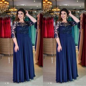 Plus Size Navy Blue A-Line Lace Mother of Bride Groom Dress Juvel Neck Chiffon Golvlängd 1 2 Sleeve Formal Dress Evening Gowns Custo 231b
