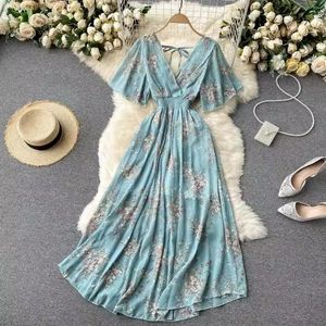 Yuoomuoo Women Dress Summer Fashion V-Neck Print Floral High WAIST A-Line Chiffon韓国ビーチLong Robe Femme 240423