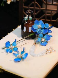 Party Supplies 2024 Bridal Headwear Xiuhe Blue Velvet Flower Fringe Hairpin Wedding Cheongsam Hanfu Chinese Hair Accessories S890