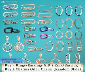 925 Silver Fit Charme 925 Bracelete Me Rings Round Connector Word Link Medallion Charms Pingente Diy Fine Rios Jóias