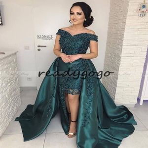 Elegant Off Shoulder Emerald Green Arabic Evening Dress with Detachable Train Kaftan Dubai Women Plus Size Formal Prom Dresses 251I