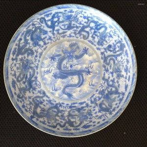 Estatuetas decorativas de estilo chinês colecionável cloisonne qianlong dragão padrão de prato de placa de porcelana azul e branco