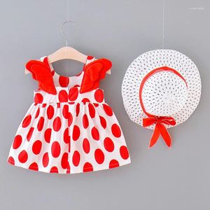 Vestidos de menina Vestido de verão Meninas vestido e chapéu conjunto de duas peças bebe pequeno pequeno dit redondeiro de asa impressa com cinta de asa princesa