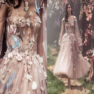 2020 New Sexy Paolo Sebastian Prom Dresses Blush Pink Long Sleeve Flower Embroidery Party Evening Gowns Ankle Length Tulle Formal Wear 270c