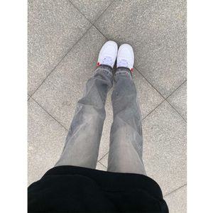 American style washed grey jeans, spring autumn men's and women's high street vibe black pants, loose straight leg micro flared pants