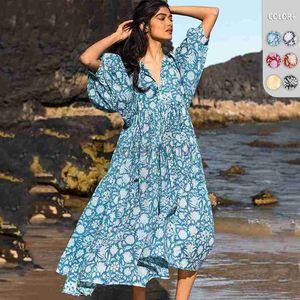 Casual Dresses Designer Dress Bohemian printed dress summer quarter lantern sleeve floral skirt loose V-neck A-line skirt for women Plus size Dresses