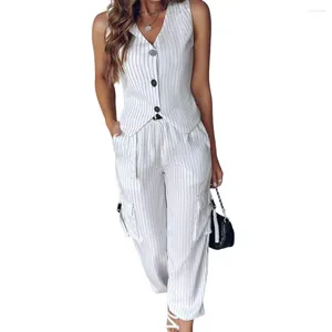 Women's Two Piece Pants 2 Pcs/Set Vest Set V Neck Waistcoat Striped High Waist Drawstring Hem Ninth Trousers Formal Sets Women Outfit