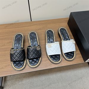 Top quality designer sandals quilted Chains slipper Womens Chain Gold 100% calf leather slides slip on Mules slingback Platform summer fashion beach shose
