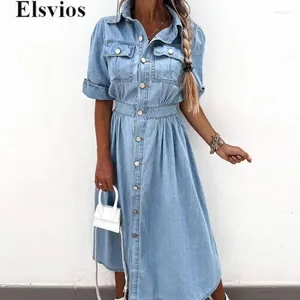 Partykleider Chic Summer Kurzärmel Frauen Elastische Taille Langes Kleid elegant 2024 Lapel Button Jeans High Street Office Denim Denim