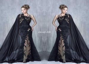 2020 abiti da sera sirena di Tony Chaaya abiti sexy in pizzo nero Appliques da ballo con Cape Illusion Tulle Tulle Applique Celebrity F9277979