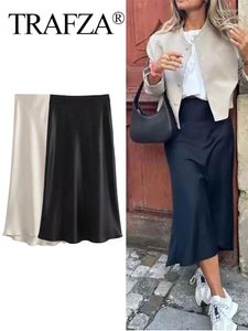 Kjolar trafza kvinnor elegant solid satin lång kjol chic y2k hög midja smal kvinnlig mode siden textur damer tight midi