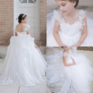 Abiti da ragazza di fiori da sposa bianca con appliques cristallo piuma una linea per bambine abiti da festa di compleanno di comunione senza schienale 313q