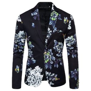 Mens Flower Print Blazer Långärmad lapel One Button Formal Suit Jackset Male Business Wedding Party Outwear Coat Suit Topps 240426