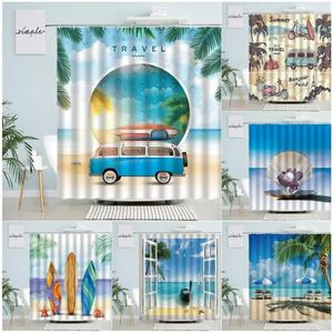 Dusch gardiner strandresor palmblad gardin sommar camping buss surfbräda havs naturdekor vattentätt badrum med krokar