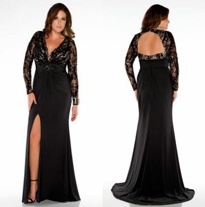 Evening Gown PLUS SIZE Long Sleeve Black Dress Cheap Deep V Neck Open Back Sexy Lace Formal Wear Floor Length Split Dress Women5086832