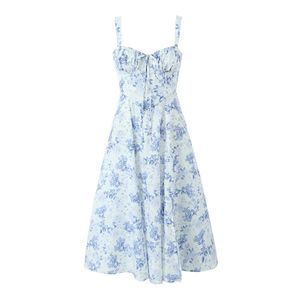 Basic Casual Dresses 203 sexy pleated chest blue and white floral print tight fitting corset style pendant dress cross lace top with shoulder strap and hem sewn ALine