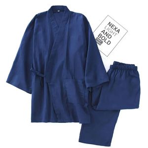 Mens Cotton Kimono Robes Pajamas Clothes Thin Spring and Autumn Black Navy Colors Home Loose Casual Men Robe Sets 240428