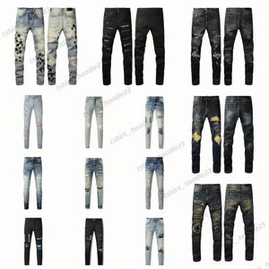 Designer jeans mens jeans långa raka jean trasiga hål jeans samma stil högkvalitativ mode jean stil katt whisker blekning blå svart vit