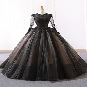 Black Ball Gown Gothic Wedding Dresses 2019 With Long Sleeves Lace Appliques Tulle Floor Length Vintage Bridal Gowns Custom Made 302H