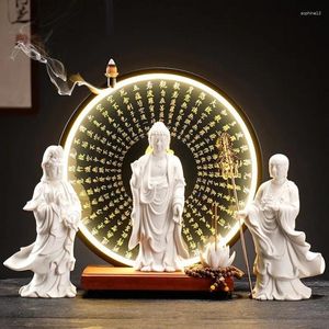 Dekoracyjne figurki porcelanowe trzy święte statua Buddhas z LED z zasilaniem USB | Guanyin sakyamuni salon pokój kult dekoracje stołowe