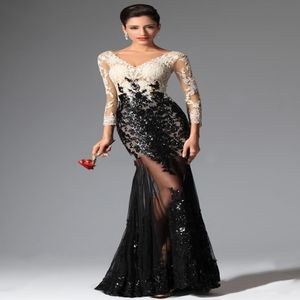 2019 NEW Sexy Sheer Lace Evening Dresses Black and White Mermaid Long Sleeves Evening Prom Dresses V Neck Sequins Appliqued Lace 427 299A