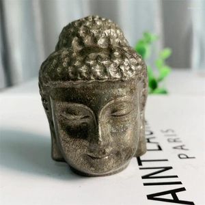 Dekorative Figuren 5,5 cm natürlicher Pyritkristall handgeschnitzte geschnitzte Buddha Kopfpolierte leistungsstarke Statue für Home Decoration Gift 1PCS