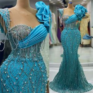 2024 Blue Plus Size Prom -klänningar för speciella tillfällen Promdress Sheer Neck Pärlade spetspärlor Tassel Rhinestone Birthday Party Dress Second Reception GOWNS AM887
