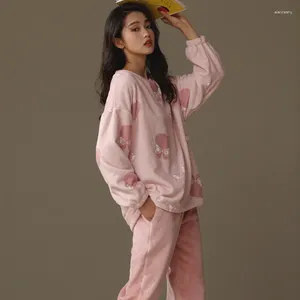 Kvinnors sömnkläder vinter varma pyjamas set 2 stycken flanell hemkläder koreanska mode nattkläder tjocka kvinnliga flicka pijamas dropship