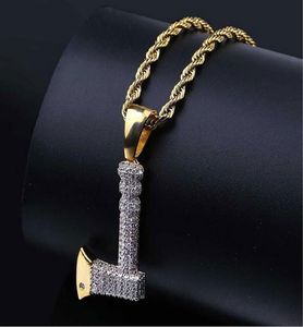 Retro CZ Gold Ax Pingente Bling Bling CZ Micro Pave 18K Colar de ouro amarelo Colar de zircônia cúbica pingente de zirconia Hip Hop Jewelry4422698