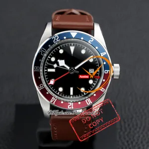 M79830 A21J Automatic Mens Watch 40mm Pepsi Red Blue Bezel Black Dial White Markers Dark Brown Leather Strap Sports Watches Reloj Hombre Montre Hommes Puretime PTTD