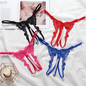 Wholesale woman embroidered open crotch pearl beading lady comfortable women G-string triangle short pants lady underwear Thong Panties Sexy Briefs underpants