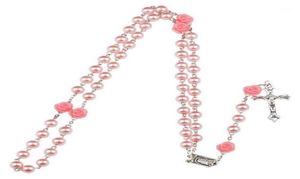 Подвесные ожерелья 2pcs Модный 8 -миллиметровый стеклянный имитация жемчужины Святой Розарий Ожерелье с розовыми цветами серебряным хрудесом Центр Розарий Еврей2237099